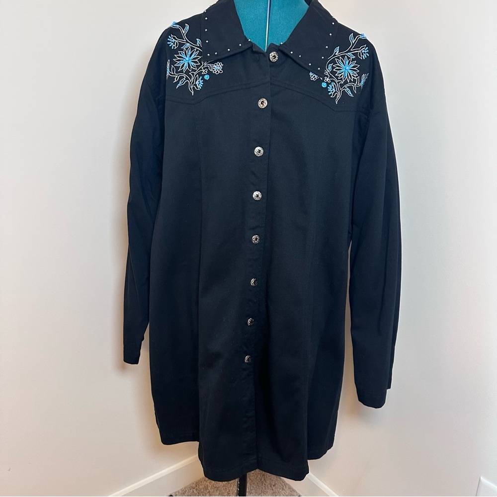 Susan Graver Black Western Tunic Dress Turquoise Blue Embroidery & Beading - 2X